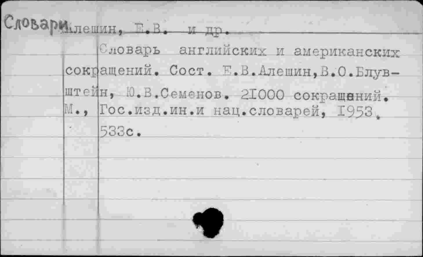 ﻿ешинг	—И—др
	СОК£	1 ловарь английских и американских ащений. Сост. Е.В.Алешин,В.О.Блув-
	штек М.,	н, О.В.Семенов. 21000 сокращений. Гос.изд.ин.и нац.словарей, 1953
		533с.
		
		
		
		